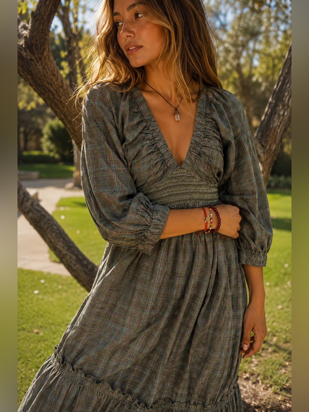 NWOT Free People Golden Hour Maxi Dress Plaid Olive Green Sz M